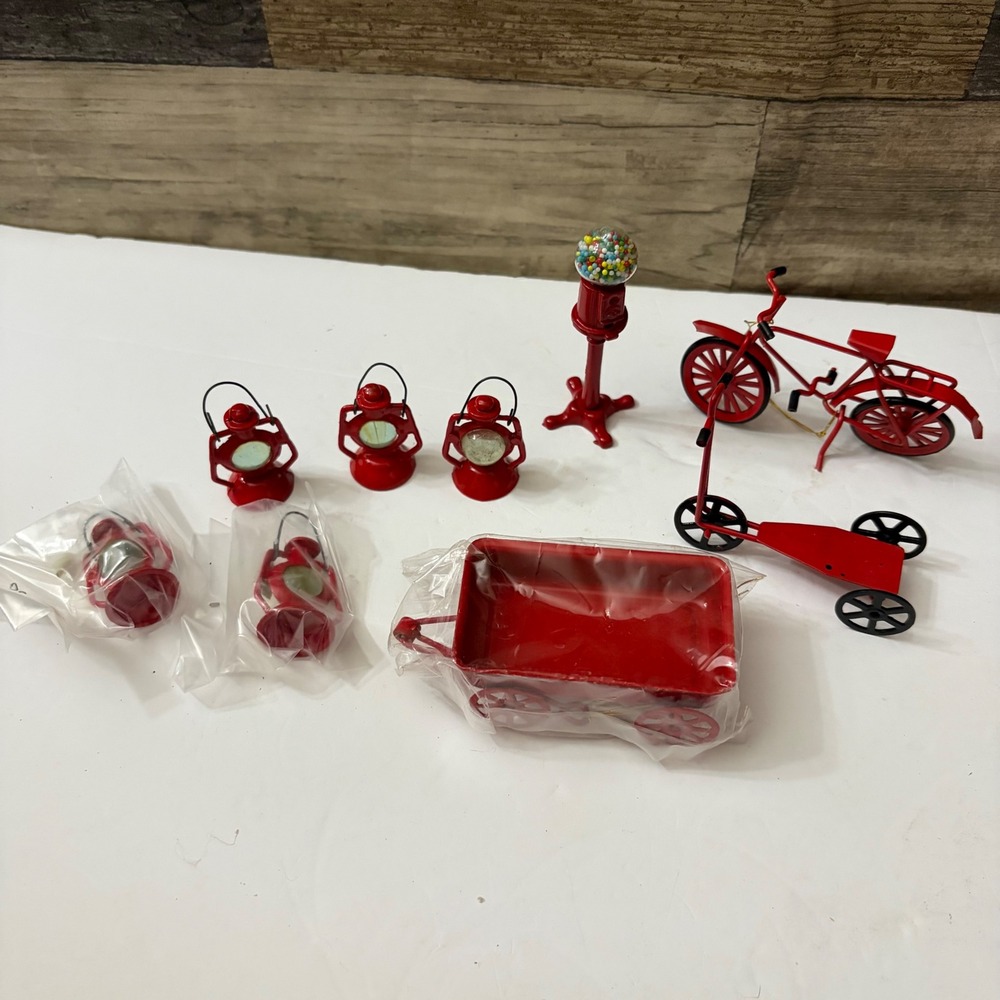 Vintage Style Miniature Red Metal Dollhouse Accessories Lot Wagon Bike Lanterns